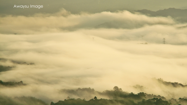 早晨日出火燒雲。▲斜射光打在油羅溪河畔處。▲晨光雲海。▲遠處關西方向上面雲海飄逸，下面雲霧渺渺。